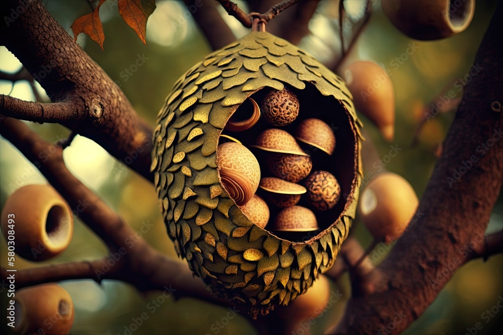Poster consuming acorns in a tree. generative ai