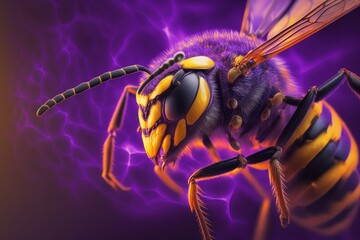 Extreme hornet macro photography on purple background, generative ai