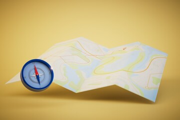 the concept of route determination. compass and map on a yellow background. 3D render