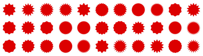Set of red price sticker, sale or discount sticker, sunburst badges icon. Stars shape with different number of rays. Special offer price tag. Red starburst promotional badge shopping labels -vector