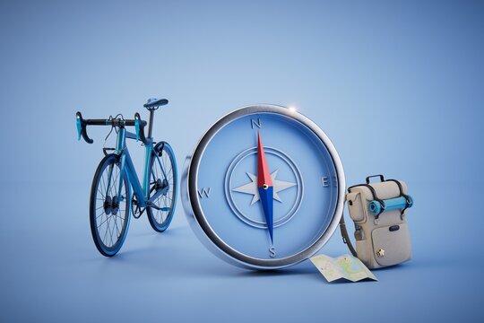 the concept of traveling by bicycles. bike, compass, map and hiking backpack on a blue background. 3D render