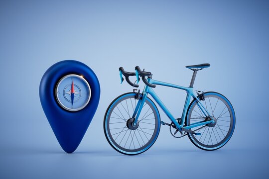 traveling by bike. bike and compass inside the gps point on a blue background. 3D render