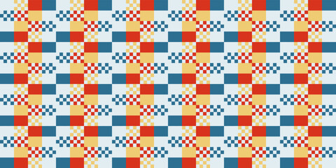 Checkerboard pattern on blue and red rectangles. Yellow and white checkers.