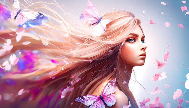 Pretty young woman with colorful butterflies in her flattered hair. Created with generative AI.