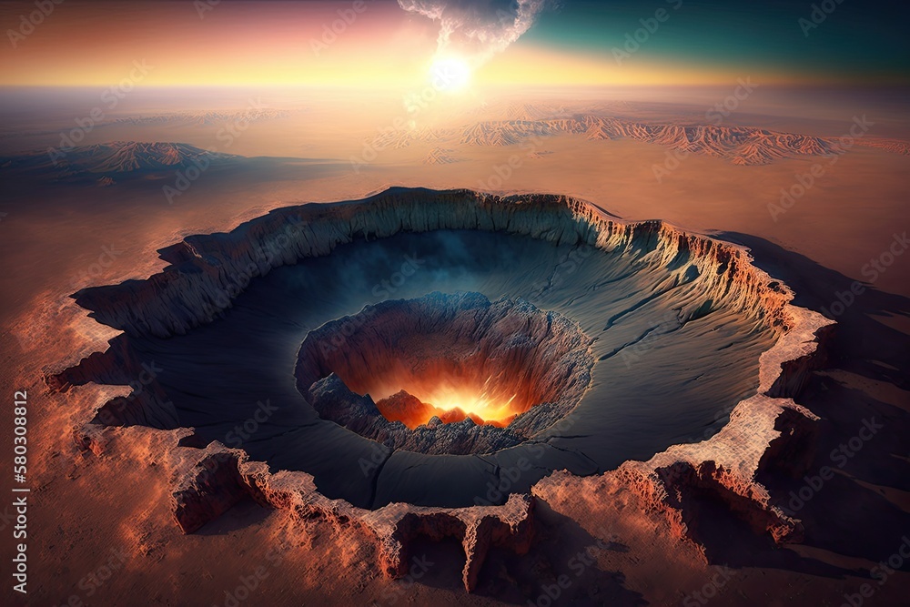 Poster a crater is a mark left on the ground by an explosive, such as a shell, mine, or meteor. generative 