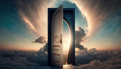 Mysterious door to heavens.Judgment day paradise concept with a portal to eternal life generative ai.