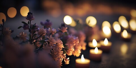 Burning tea lights, candle vigil concept. Generative AI - 580309406