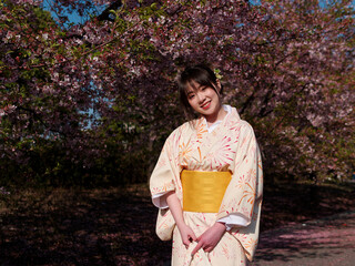 Portrait of beautiful young Chinese girl in Japanese kimono posing with blossom cherry flowers background in spring garden, beauty, emotion, lifestyle, expression and people concept.