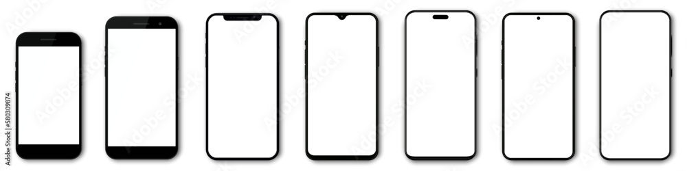 Poster set high quality realistic trendy different black models smartphone with white empty touch screen an