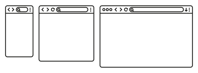 Simple browser window in a flat style, line design a simple blank web page, search in internet, line template mockup browser window on computer, tablet and mobile phone - vector