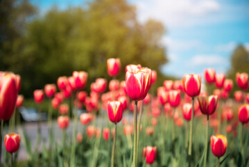 Obraz premium Glade of blooming red tulips. flower meadow