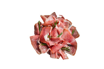 Slices of prosciutto crudo parma or jamon serrano with rosemary.  Isolated, transparent background