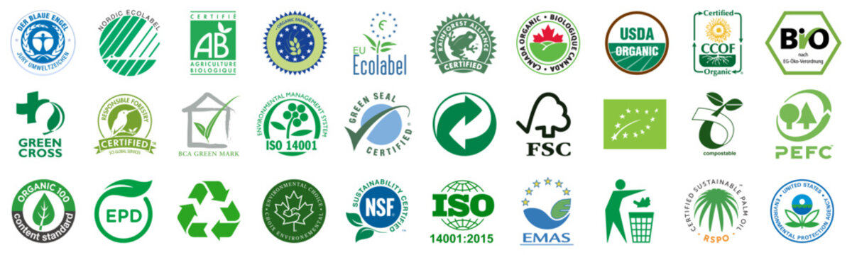 Kiev, Ukraine - March 12, 2023: Set eco logos certified company. BIO, Nordic Ecolabel, Certifie Agriculture Biologique, Rainforest Alliance, Green Cross, PEFC, FSC, Canada Organic. Editorial vector