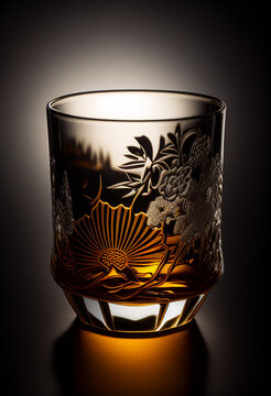 Handmade Japanese Kiriko Whisky Glass made using the  EDO Kiriko artesian techniques with Suntory Whisky