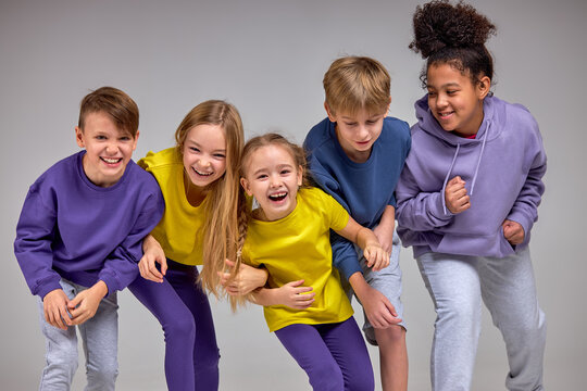 Positive Diverse Children Enjoys Time Together Crazy Kids Laughing Before Start Of Running