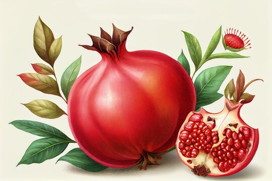 Punica Granatum Botanical Illustration, Pomegranate Flowers Fruits Painting, Abstract Generative AI Illustration
