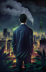 Back view of businessman in suit staring over night city - Generative AI