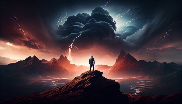 Man looking at storm in mountains, generative ai