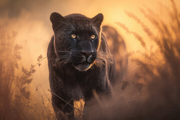 Black panther in the mist, morning misty big leopard cat, generative ai