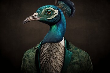 Portrait of a peacock dressed in a formal business suit, generative ai