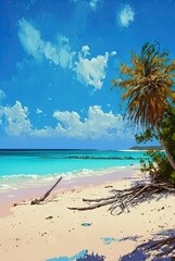 Fototapeta na wymiar Tropical Coast with White Sand, Beautiful Paradise Beach, Palm Trees, Sun, Sea, Generative AI Illustration