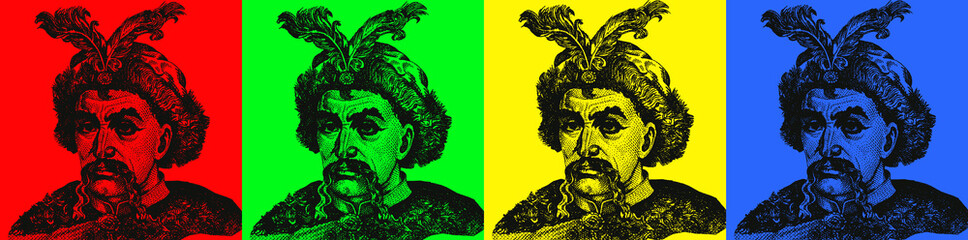 Close up portrait of Bohdan Khmelnytsky, Hetman of Zaporizhian Host isolated from Ukrainian 5 hryvnia banknote. Ukrainian blue-yellow colors.
