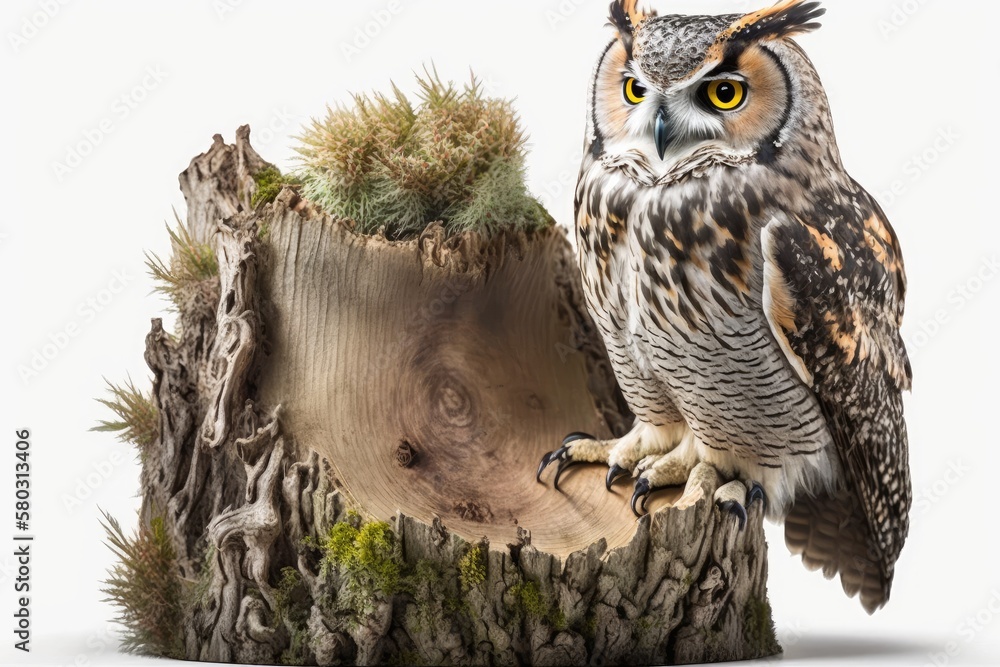 Sticker An eagle owl perches on a tree stump against a white backdrop. Generative AI