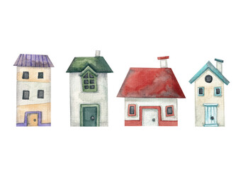 A collection with cute watercolor houses. Illustration. Building. City and village. Street. Art. Design. Handmade work. Children's pictures. Postcards. Cards. Architecture. Decorative. Stylization. 