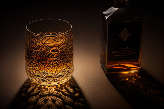 Handmade Japanese Kiriko whisky glass made using EDO Kiriko artesian techniques with bottle of Suntory Whisky with blank space to add your own lettering