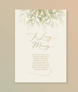 In loving Memory card with green watercolor botanical leaves. Abstract floral art background vector design.