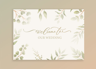 Luxury wedding invitation card background with green watercolor botanical leaves. Welcome to our wedding. Abstract floral art background vector design for wedding and vip cover template.