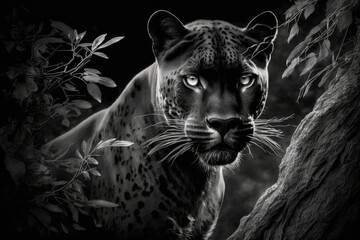 A monochrome image of a black panther. Generative AI
