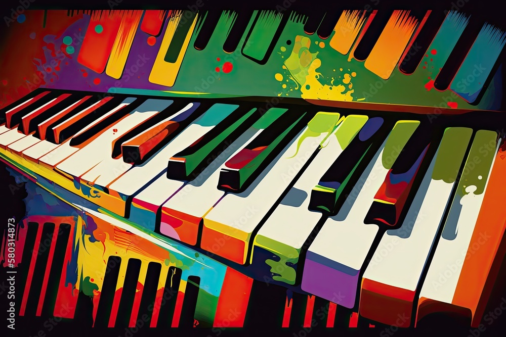 Poster abstract piano keys in vibrant colors over a multicolored background. generative ai