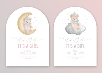 Cute baby shower watercolor invitation card for baby and kids new born celebration. Its a girl, Its a boy card with plush toy on the moon and cloud.