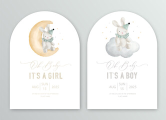 Cute baby shower watercolor invitation card for baby and kids new born celebration. Its a girl, Its a boy card with plush toy on the moon and cloud. - obrazy, fototapety, plakaty