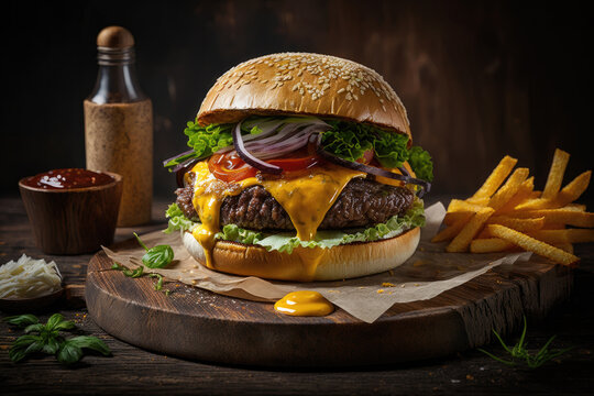 Juicy cheeseburger with tomato, lettuce, onion and fries presented as a styled food photoshoot generated with AI. 