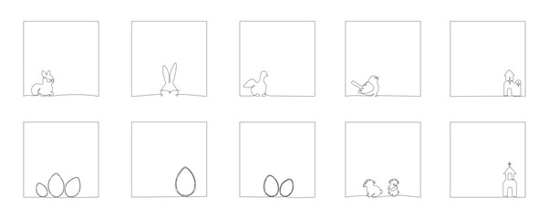 Easter continuous one line hand drawing frames pack. Vector illustration isolated on white background for post in social media, invitation, greeting card. Bunny, bird, sheep, church. Editable stroke