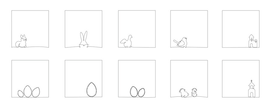 Easter Continuous One Line Hand Drawing Frames Pack. Vector Illustration Isolated On White Background For Post In Social Media, Invitation, Greeting Card. Bunny, Bird, Sheep, Church. Editable Stroke