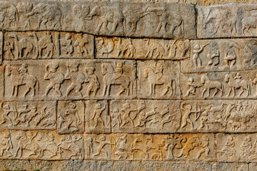 Rich decorated wall with elephant carvings, Mahanavani Dibba, Hampi, Karnataka, India