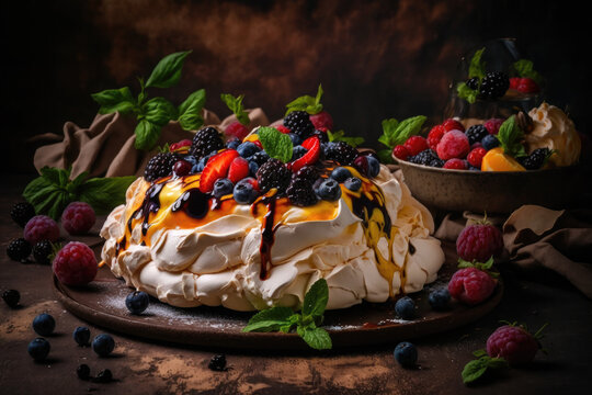 Beautiful Pavlova with berries presented in a generated styled food photoshoot. 