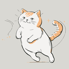 Adorable fun cartoon cat. Happy illustration of kitty. Fun vector art doodle. Card for children. Isolated hand drawn sketch of kawaii kitty. Cheerful of playful pet. Painting of kitten. Design animal.