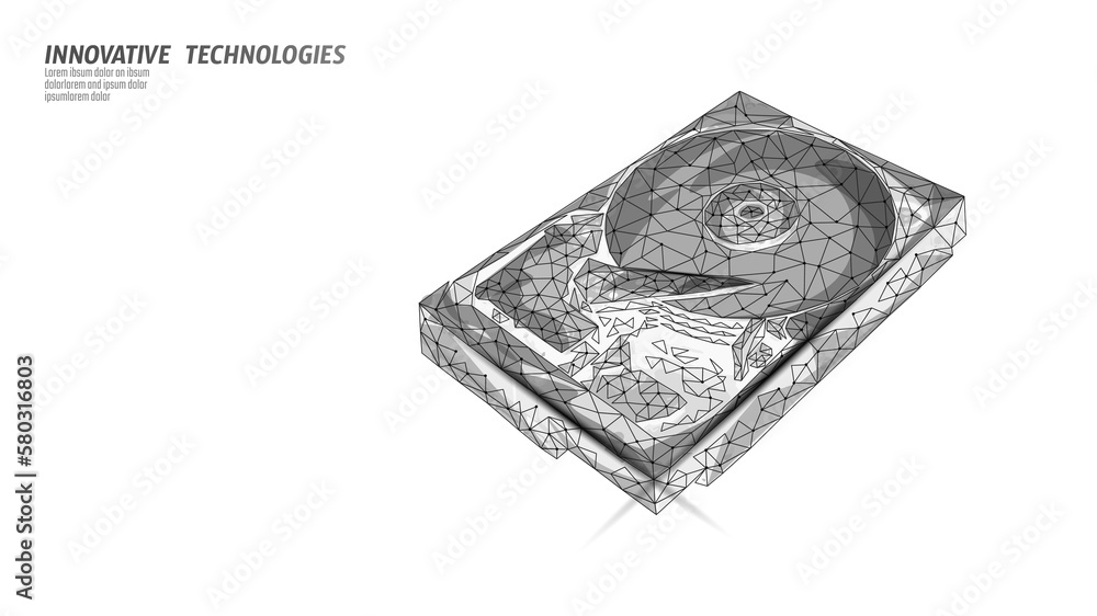 Poster hdd hard disk drive file hardware. 3d low poly information storage record system it technology compu
