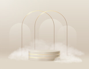 Modern 3d platform. Realistic vector podium scene with golden arch and white smoke for cosmetic product display. Background in beige tones for demonstration