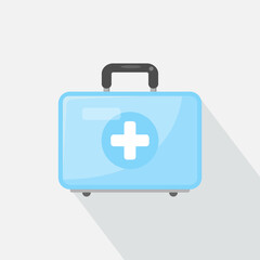 Fototapeta premium Medical case, blue first aid kit isolated on white background. Health, help and medical diagnostics concept. Flat vector illustration.