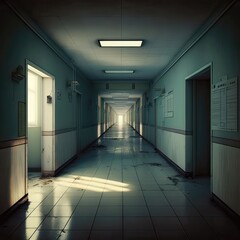 The hospital hallway is bathed in an eerie blue light, casting everything in an otherworldly glow. The air is cold and damp, and you can see your breath in front. AI
