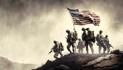 4th of july illustration of USA army holding their flag, Generative ai - obrazy, fototapety, plakaty
