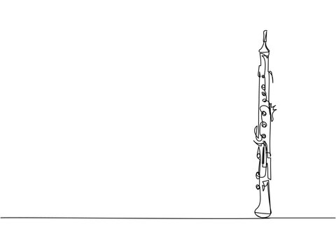 Clarinet one line art. Continuous line drawing of wind, symphony, retro, clarinet, bass, oboe, sax, music, flute, jazz, orchestra, horn.
