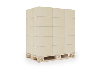 Cardboard boxes on wooden pallets for transport and logistic, packaging, isolated on a white background with isometric view. 3D illustration (render)
