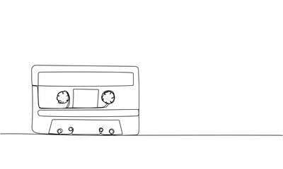 Fototapeta premium Audio cassette, tape one line art. Continuous line drawing of play, tape, song, cassette, audio, fix, group, classic, music, multimedia, strip, retro, reel, vintage, nostalgia, 80s, disco, 90s