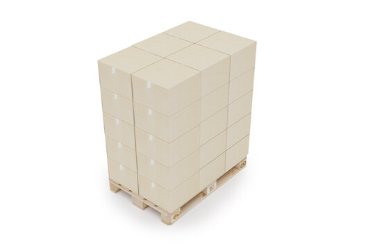 Cardboard boxes on wooden pallets for transport and logistic, packaging, isolated on a white background with isometric view. 3D illustration (render)